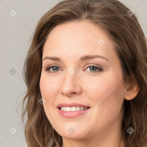 Joyful white young-adult female with long  brown hair and green eyes