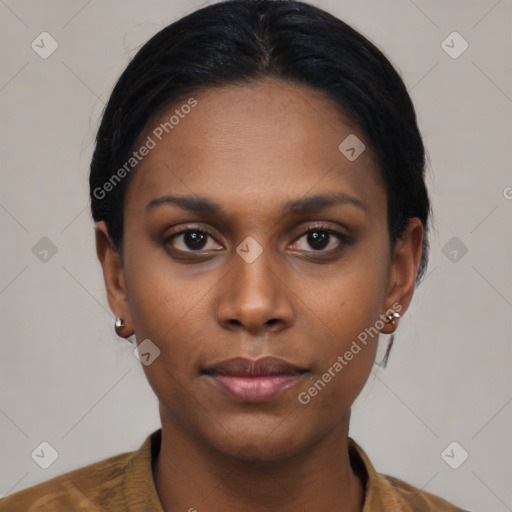 Neutral black young-adult female with short  black hair and brown eyes