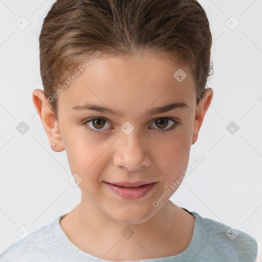 Joyful white child female with short  brown hair and brown eyes