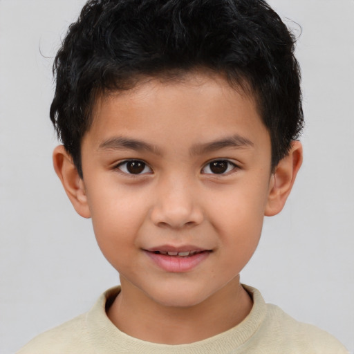 Joyful asian child male with short  brown hair and brown eyes