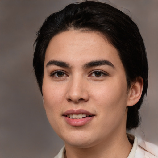 Joyful white young-adult female with medium  brown hair and brown eyes