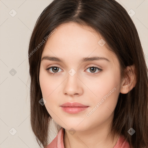 Neutral white young-adult female with long  brown hair and brown eyes