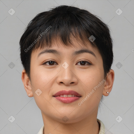 Joyful asian young-adult female with short  brown hair and brown eyes