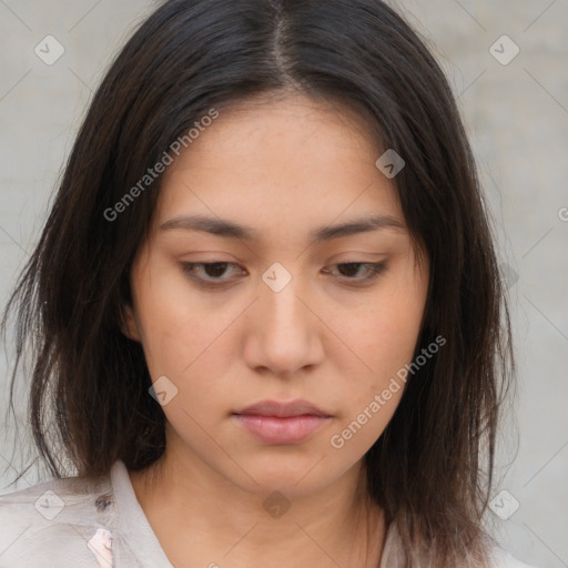 Neutral asian young-adult female with medium  brown hair and brown eyes