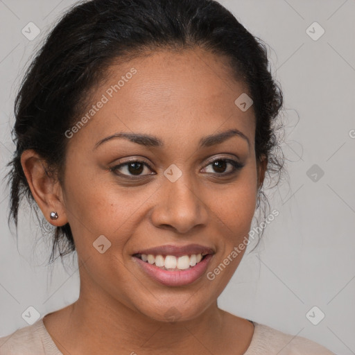 Joyful latino young-adult female with medium  brown hair and brown eyes