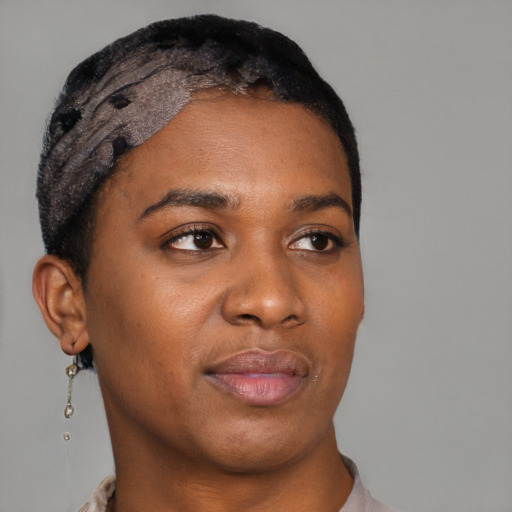 Neutral black young-adult female with short  black hair and brown eyes