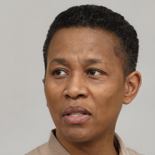 Joyful black adult male with short  black hair and brown eyes
