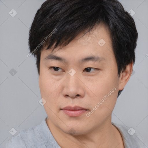 Neutral asian young-adult male with short  black hair and brown eyes