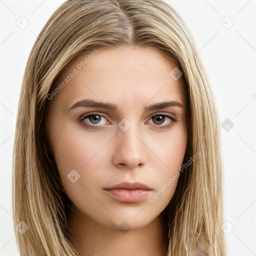 Neutral white young-adult female with long  brown hair and brown eyes