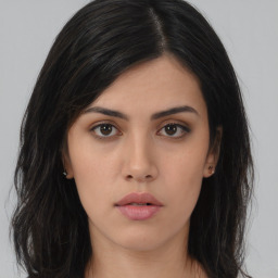 Neutral asian young-adult female with long  black hair and brown eyes