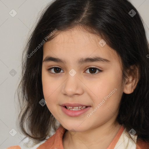 Joyful white child female with medium  brown hair and brown eyes