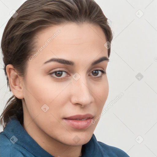 Neutral white young-adult female with medium  brown hair and brown eyes