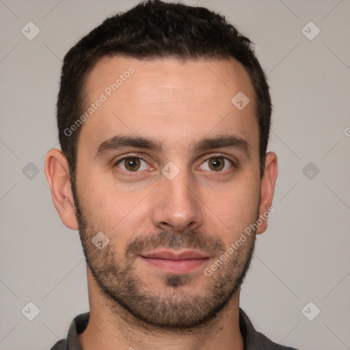 Neutral white young-adult male with short  brown hair and brown eyes