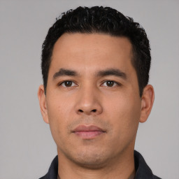 Neutral asian young-adult male with short  black hair and brown eyes