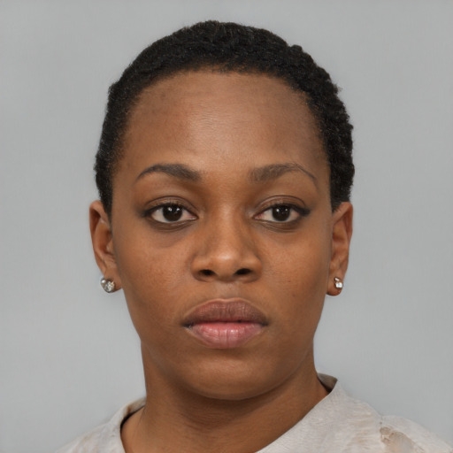 Neutral black young-adult female with short  black hair and brown eyes