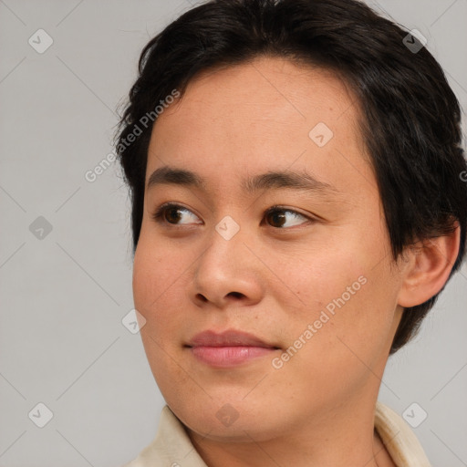 Joyful asian young-adult female with short  brown hair and brown eyes