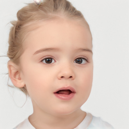 Neutral white child female with medium  brown hair and blue eyes