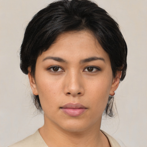 Neutral asian young-adult female with medium  black hair and brown eyes