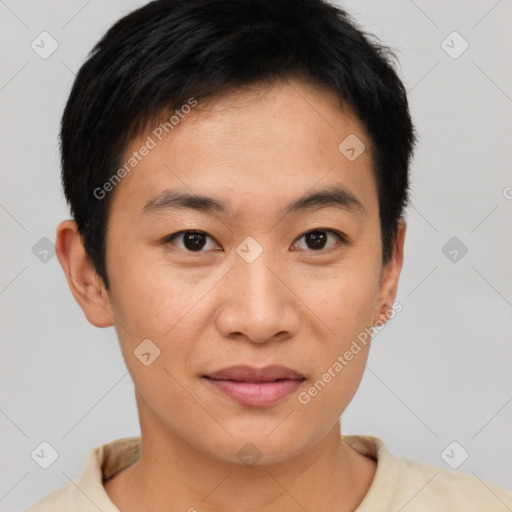 Joyful asian young-adult male with short  brown hair and brown eyes