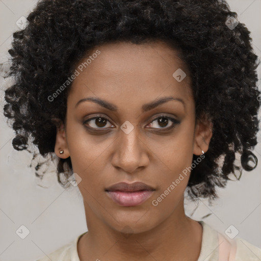 Neutral black young-adult female with medium  brown hair and brown eyes