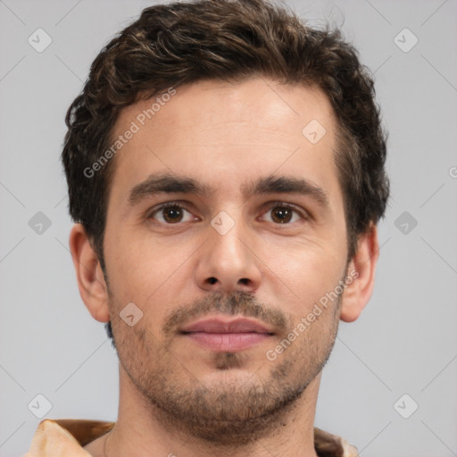 Neutral white young-adult male with short  brown hair and brown eyes