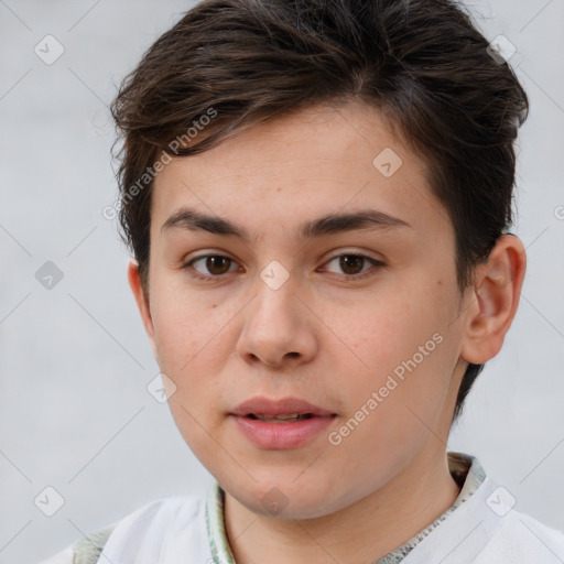 Neutral white young-adult female with short  brown hair and brown eyes