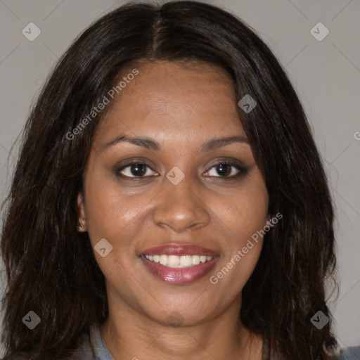 Joyful black young-adult female with medium  brown hair and brown eyes