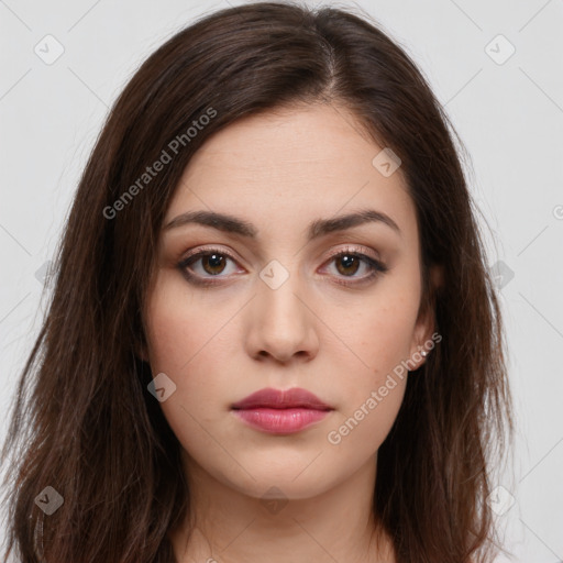 Neutral white young-adult female with long  brown hair and brown eyes