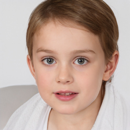 Joyful white child female with medium  brown hair and blue eyes