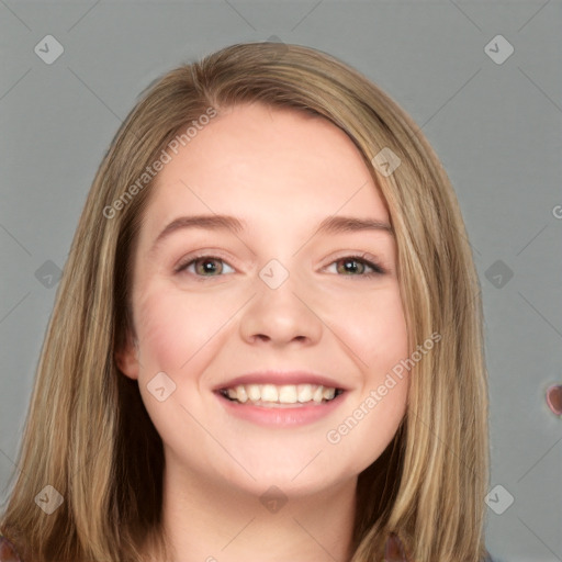 Joyful white young-adult female with long  brown hair and grey eyes