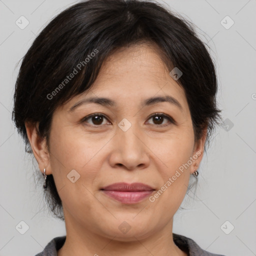 Joyful white adult female with medium  brown hair and brown eyes