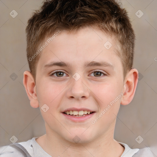 Joyful white child male with short  brown hair and brown eyes