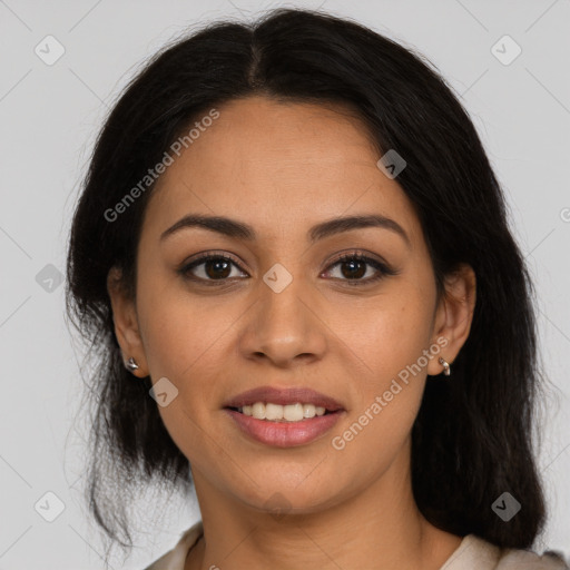 Joyful latino young-adult female with medium  brown hair and brown eyes