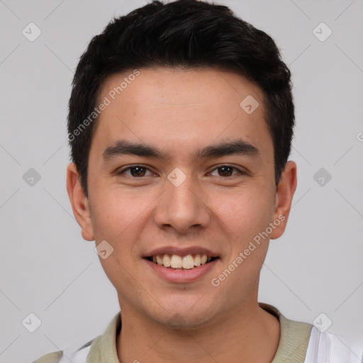 Joyful white young-adult male with short  black hair and brown eyes