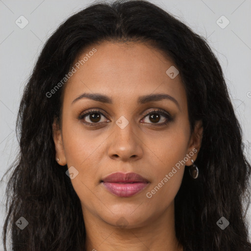 Joyful latino young-adult female with long  brown hair and brown eyes