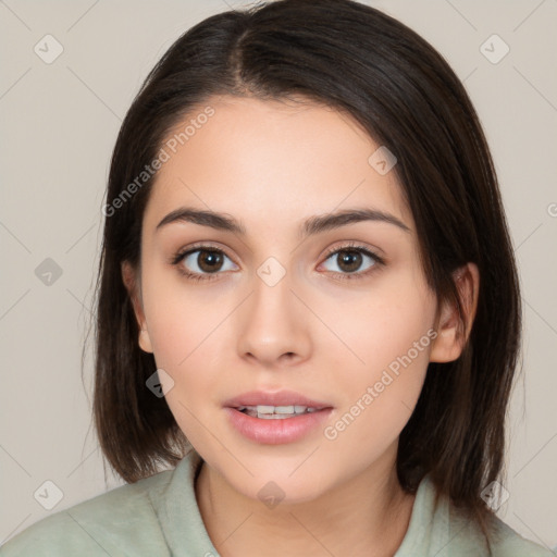 Neutral white young-adult female with medium  brown hair and brown eyes