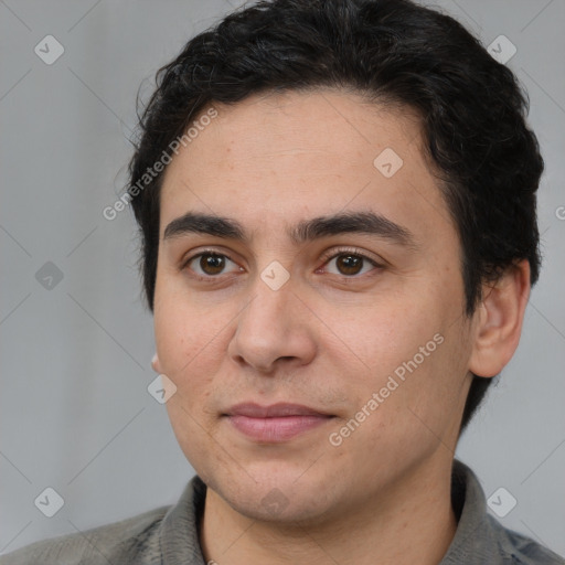 Joyful white young-adult male with short  black hair and brown eyes