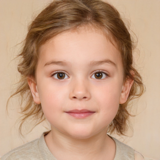 Joyful white child female with medium  brown hair and brown eyes