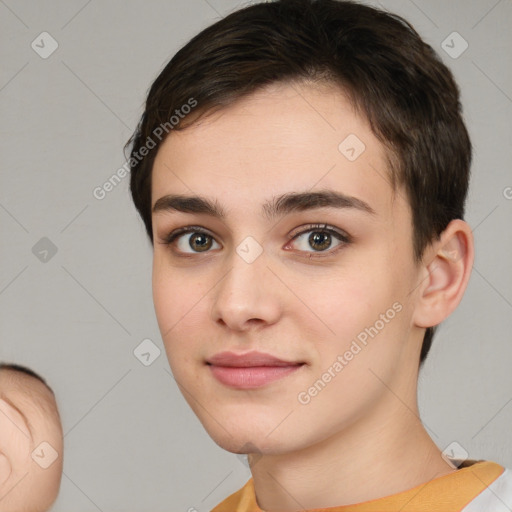 Neutral white young-adult female with short  brown hair and brown eyes