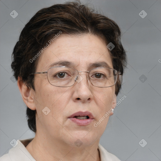 Neutral white adult female with medium  brown hair and brown eyes