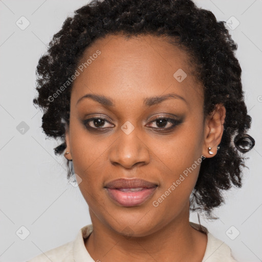 Joyful black young-adult female with medium  black hair and brown eyes