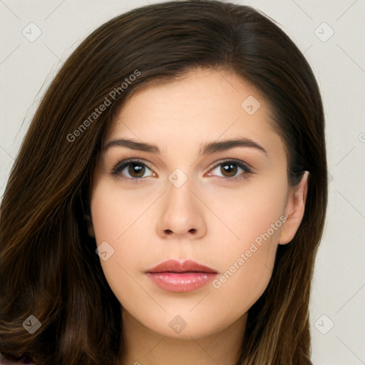 Neutral white young-adult female with long  brown hair and brown eyes