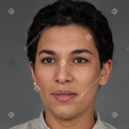 Joyful latino young-adult female with short  brown hair and brown eyes