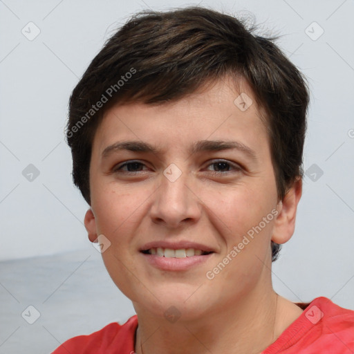 Joyful white young-adult female with short  brown hair and brown eyes