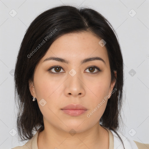 Neutral asian young-adult female with medium  brown hair and brown eyes