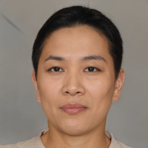 Neutral asian young-adult female with short  brown hair and brown eyes