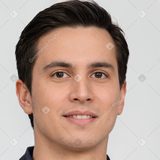 Joyful white young-adult male with short  brown hair and brown eyes