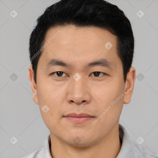 Neutral asian young-adult male with short  black hair and brown eyes