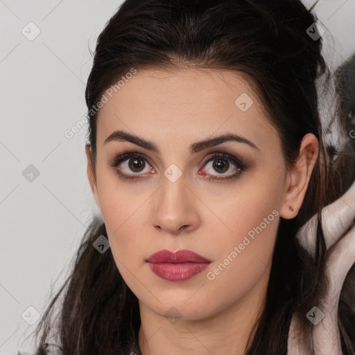 Neutral white young-adult female with long  brown hair and brown eyes