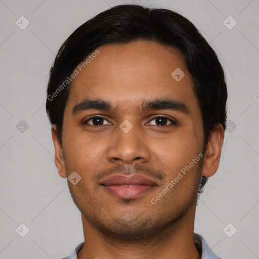 Neutral latino young-adult male with short  black hair and brown eyes